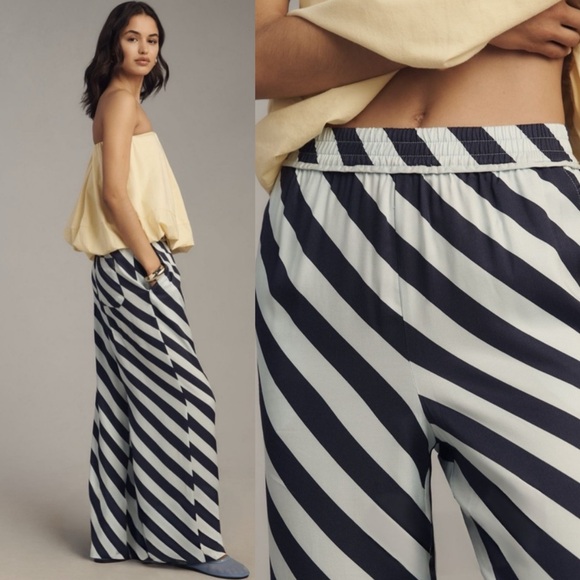 NWT Anthropologie Maeve The Brooklin Printed Wide Leg Pants Blue Stripe - Picture 6 of 6